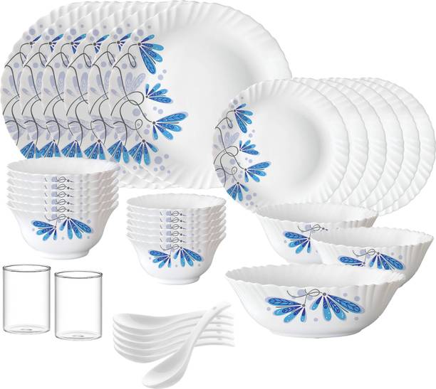 बोरोसिल TW {{Dinner plate 10"(6 pcs) || Quarter plate 7.5"(6 pcs) || Rice Bowl 8.5" 1.2 Ltr (1 Pc) || Veg bowl 4.3"(6 Pcs) || Small Veg Bowl 3.9"(6 pcs) || Serving Bowl 7"(2 pcs) || Spoon (6 pcs) || Juice Glass 120ml (2 Pcs)}} 35 का पैक डिनर सेट