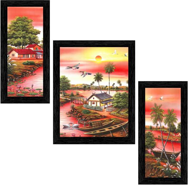 Indianara Set of 3 Village Framed Art Painting (3782BK) without glass (6 X 13, 10.2 X 13, 6 X 13 INCH) Digital Reprint 13 inch x 10.2 inch Painting