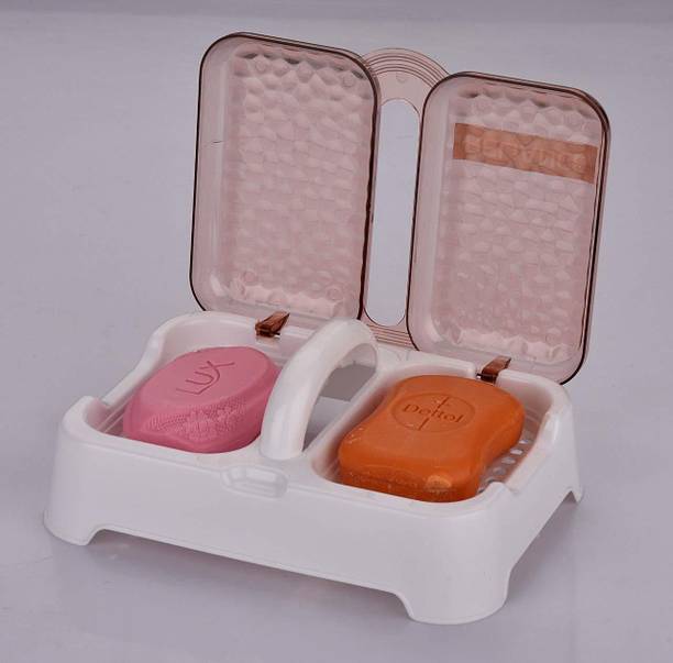Bekner Double Sealed Drain Soap Dish Tray Holder with Handle & Lid Cover Box Case Soap Holder
