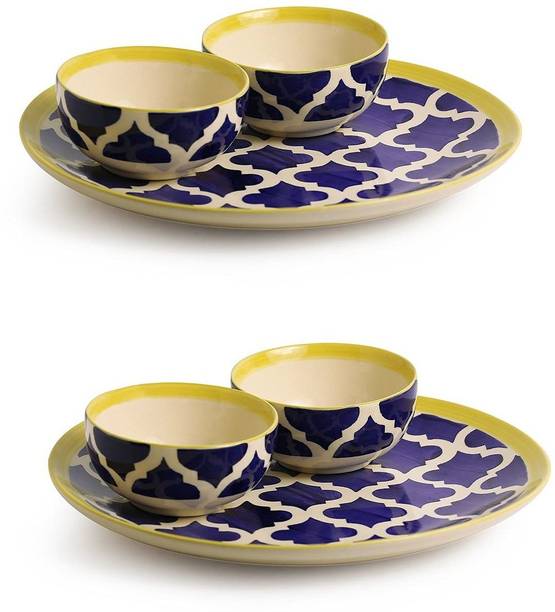 VolCraft Pack of 6 Ceramic Blue Umrao 2 Dinner Plate, 4 Katori Bowl Microwave & Dishwasher Safe Dinner Set