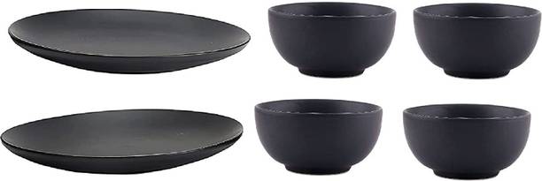 VolCraft Pack of 6 Ceramic Microwave Safe Premium Black Matte Design 2 Dinner Plate, 4 Katori Bowl Dinner Set