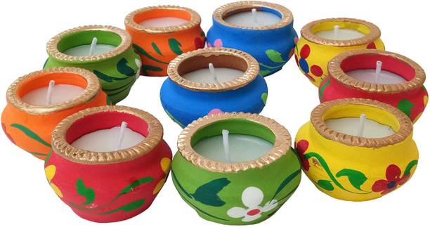 IndianEcraft Decorative Matki Diya Set with Wax Filled Lanterns for Diwali Decoration Earthenware, Terracotta (Pack of 10) Table Diya Set