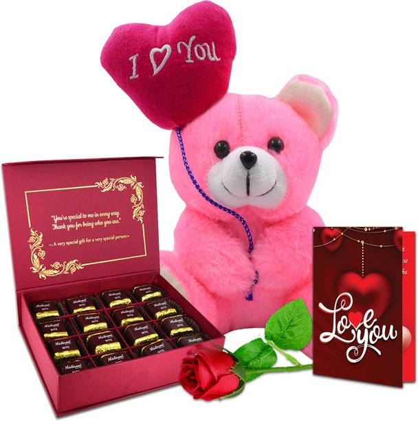 Midiron Romantic Chocolate Gift Pack Special Gift for Wife| Girlfriend| Someone Special On Karwachauth, Valentine's Day, Birthday, Anniversary and Special Day IZ21GB17CD3RoseILUTeddy-01 Assorted Gift Box