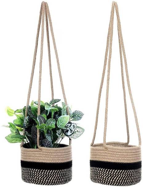 Textile and Beyond Jute Storage Rope Basket Wall Hanging Without Pot Money Plant Holder Home Decor Indoor Outdoor Flower Stand Garden Planter Hanger for Balcony, Living Room, Office Plant Container Set