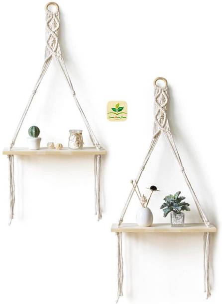 zazza home decor Macrame Wall Hanging Shelf For Home Decor Beige Colour Pack Of 2 Home Made Macrame Cotton Wooden Wall Shelf