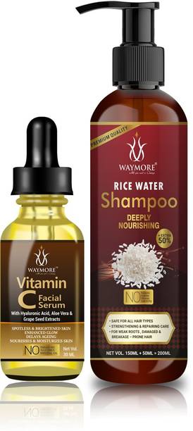 WAYMORE COMBO of Vitamin C Face Serum- 30ml with Rice Water Shampoo-200ml, Face and Hair Care, Hydrates and Nourishes, for Men and Women (Pack of 2)