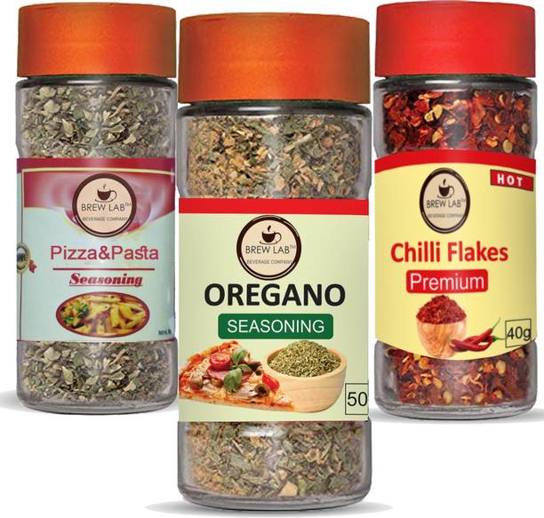 Brew Lab Combo of pizza pasta seasoning, Red Chilli Flakes & Oregano Seasoning with Shaker Jar for Pizza,Pasta,Maggie.