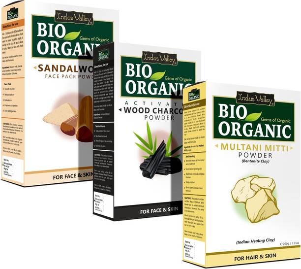 Indus Valley Bio Organic Multani Mitti + Sandalwood Powder + Activated Powder Set of 3