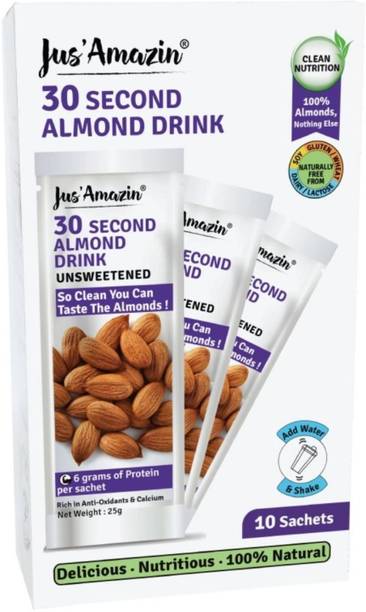 Jus' Amazin 30-Second Almond Milk - Unsweetened | 100% Almonds | 10 x 25 gm Sachets | 1 Sachet makes 1 glass of Almond Milk | Plant Based Nutrition | Zero Additives | Vegan | Dairy Free | Lactose Free | 100% Natural