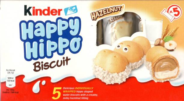 Kinder HAPPY HIPPO HAZELNUT BISCUIT 5 BISCUIT IMPORTED MADE IN UK ( 5 X 20.7G ) 103G Cream Filled Biscuit