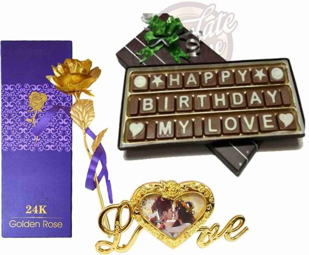 FabBites Happy Birthday My Love Chocolate Message with 24 K Golden Rose with Love Photo Frame Stand Plastic Gift Box