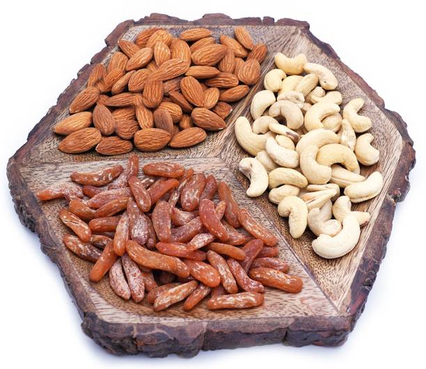 Ghasitaram Gifts Hexagon Log Platter with Cashews Almonds and Chilly Raisins Combo