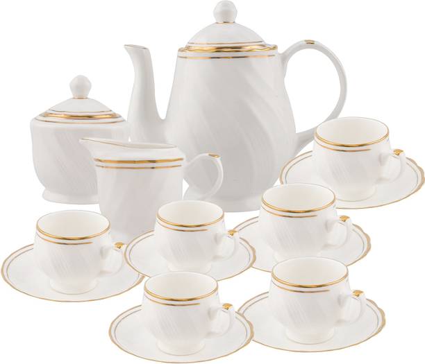 टैग्रॉक Bone China Tea Set/Cup & Saucer/Tea Kettle Pot Gold Line (Set of 15pcs) बोन चाइना