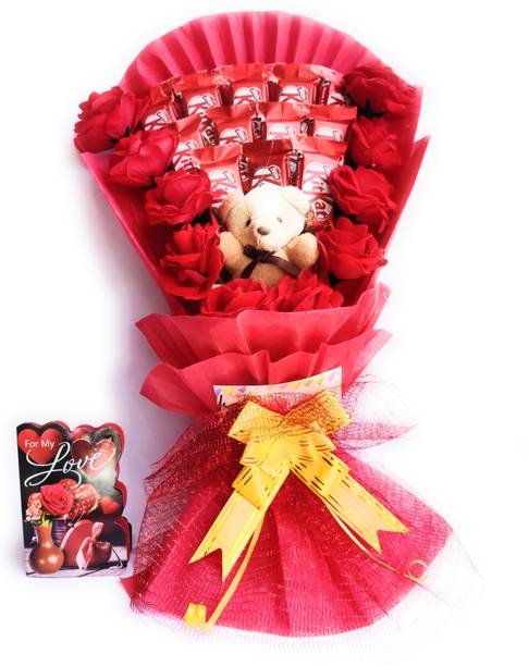 FluteRey Romantic Chocolate Bouquet with Teddy and Greeting Card Paper Gift Box