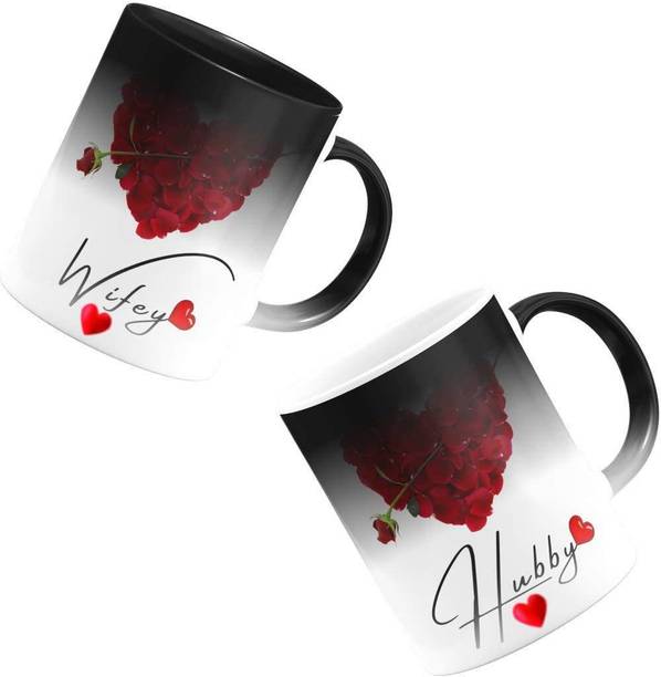 Convay Hubby Wifey Colour Changing Magic Couple Matching Set of 2 " Ceramic with Handle Gift for Anyone On Any Occasion | Coffee & Tea Cup | Pack of 2, 330ml Ceramic Coffee Mug