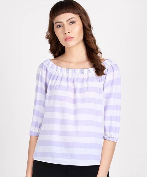 Casual Regular Sleeves Striped Women Purple, White Top