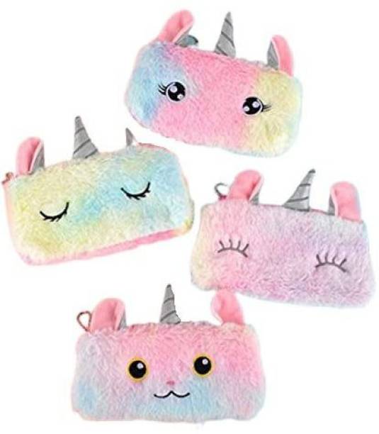 Neel super Pack of 4 Unicorn Soft Plush Fabric Further Pencil Storage Case Pouch- Kids School Supply Organizer Students Stationery Pouch for Girls, Assorted Design unicorn Art Polyester Pencil Box