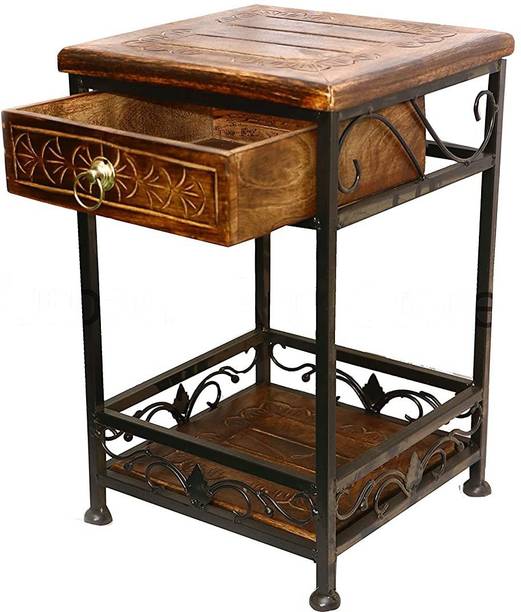 manzees Wood & Wrought Iron Side Table with Drawer for Living Room | Bedside Table | Office Decor Solid Wood Side Table
