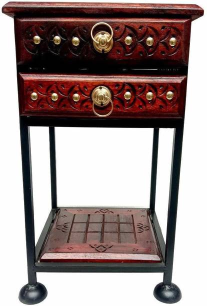 manzees Wood & Wrought Iron Side Table with 2 Drawers for BedRoom | Living Room | Office Decor| Antique Gift item Solid Wood Side Table