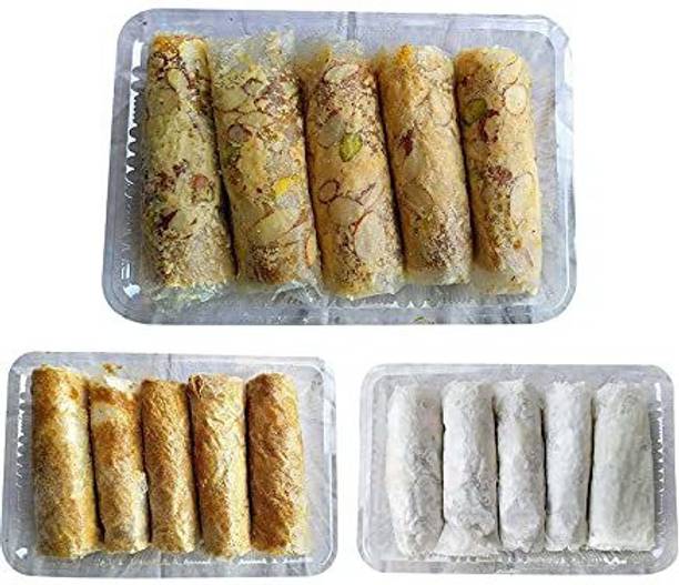 VEDANK Atreyapuram Special Dry Fruit Putharekulu 5pc, Jaggery Putharekulu 5pc, Sugar Putharekulu 5pc - Combo Box (3 x 120 g) Box