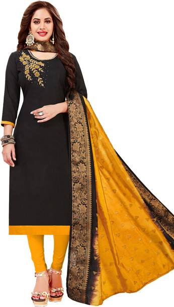 Unstitched Cotton Blend Kurta & Churidar Material Embroidered