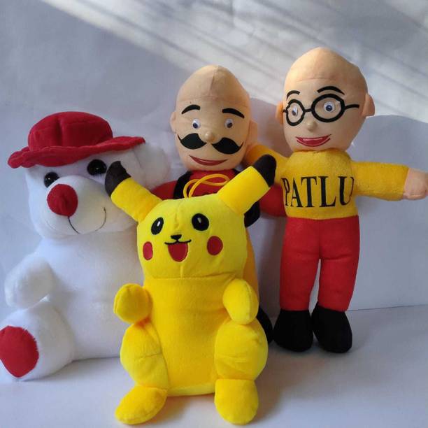 Nihan Enterprises Combo of very Stylish Plush and Adorable Motu Patlu,Pikachu And Red Cap Teddy Bear Combo Of 3 For Kids, Gift & Decoration (Teddy Bear) - 30 cm  - 30 cm