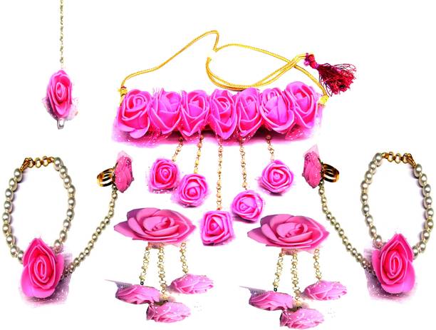 Rukmani Fabric, Rubber, Leather, Paper Pink Jewellery Set