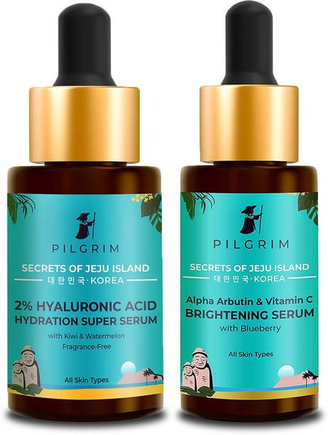 Pilgrim Glow Booster Combo | 2% Hyaluronic Acid Hydration Super Serum 30ml, Alpha Arbutin & Vitamin C Skin Brightening Serum 30ml | For Face Pigmentation & Radiant Skin | Korean Skin Care | All Skin | Men & Women