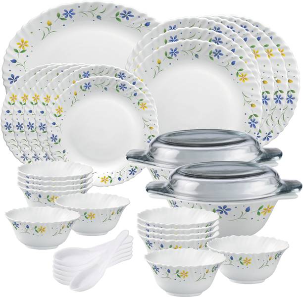LAOPALA Pack of 35 Opalware Diva Classique TB Full plate 11"(6 pcs) || Quarter plate 7.5"(6 pcs) || Oval platter13"(1 Pcs) || Casserole with Glass Lid (2 Pcs) || Veg bowl (6 Pcs) || Soup Bowl (6 pcs) || Spoon (6 pcs) Dinner Set