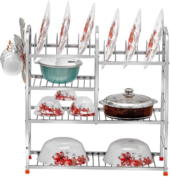 Matric House Dish Drainer Kitchen Rack Steel Stainless Steel 4 Layer Wall Mount Kitchen Dish Rack | Utensils Rack with Plate & Cutlery Stand | Modular Kitchen Storage Rack | Kitchen Organizer (24 x 24 inches)