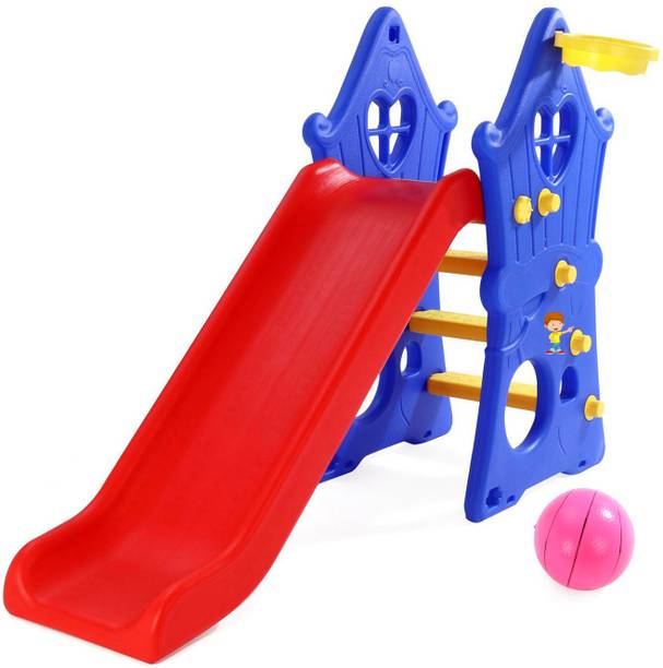 FLIPZON Hut Shape Toy Slide for Kids at Home and School with Basket Ball Ring Indoor-Outdoor (L-145 cm x B-46 cm x H-103 cm)(Foldable) (Plastic)