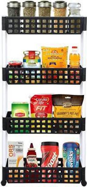 NEWON 4 Layer | Black & White | SLIM Classic Luxe- Smart Storage Organizer – Multipurpose & Easy-To-Move Slide Out Shelf Rack Trolley (Plastic) With Wheels for Kitchen | Bedroom | Bathroom | Home | Pantry | Washing & Utility Area Plastic Kitchen Trolley Plastic Kitchen Trolley