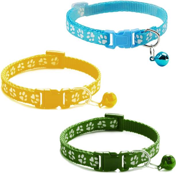 Litvibes Cat collars Set of 3 with bell,Kitten and small dogs soft adjustable collar safe,solid and protection breakaway for cats and puppies,cute kitty neckband with Paw print- (Yellow,Dark Green,Light Blue) Cat Everyday Collar