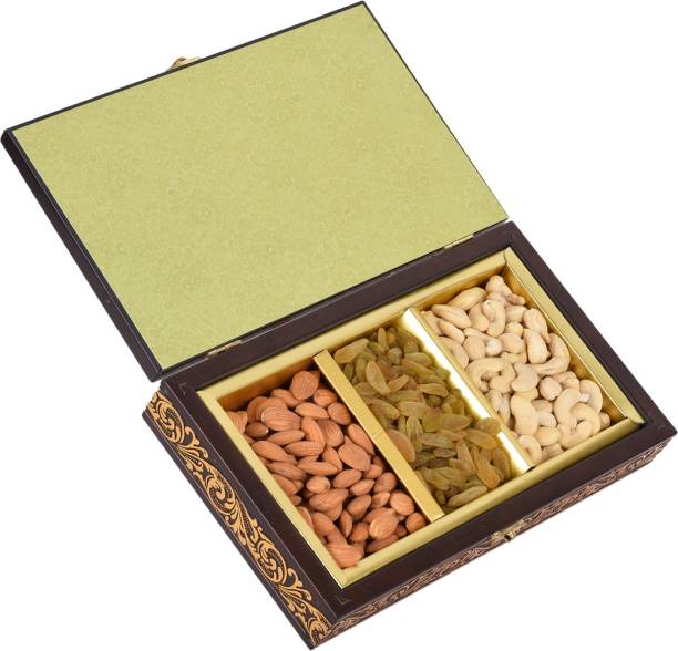 kashmir online store Double Golden Patterned Design on Wooden Box – Diwali Dry Fruits Box Gift 2021, 600 gram pack {Almonds 200g Cashews 200g & Raisins 200g} Raisins, Almonds, Cashews