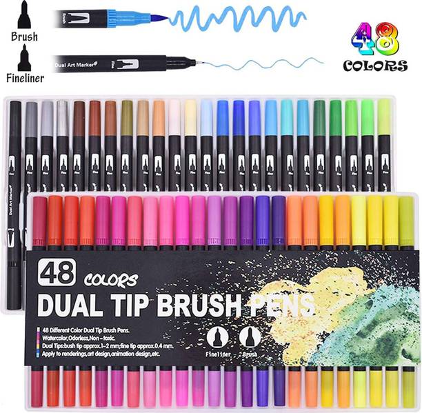 THR3E STROKES Art Markers Dual Tips Coloring Brush Fineliner Color Water Based Marker Pens Set for Calligraphy Drawing Sketching Bullet Journal (BLACK, 48 Pcs)