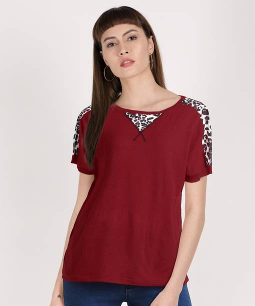 Urbanic Colorblock Women Round Neck Maroon T-Shirt