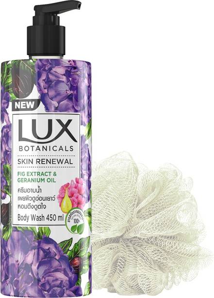LUX Botanicals Skin Renewal Body Wash, Geranium Oil & Fig Extract, Shower Gel for Women, 100% Natural Extract, Paraben Free, Imported,450ml (Free Loofah)