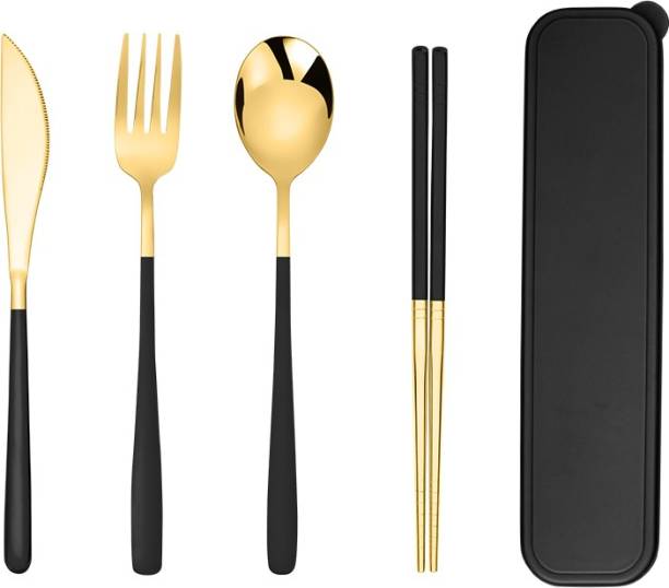 Iktu Premium Gold Plated 304 Stainless Steel Fork Spoon Chopstick Set Flatware Dinnerware Cutlery Tableware Set (Black) Disposable Steel Cutlery Set