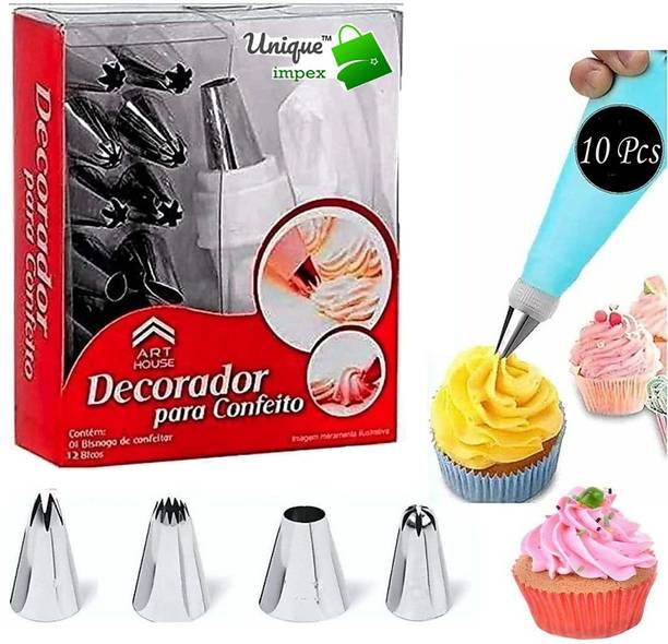 Unique Impex Free +10 Disposable piping bag ,with this 12 pcs icing set,Frosting, Icing, Piping Bag ,Tips with Steel Nozzles Steel Multi-opening Icing Nozzle Cake Decoration Icing Set Cake Decoration Icing Set
