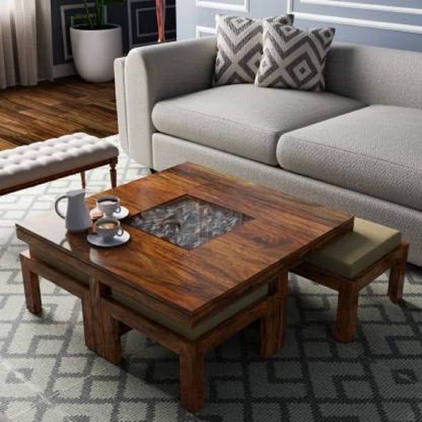 krishana art palace Solid Sheesham Wood Indian Rosewood hany Finish Coffee Table with 4 Stool with Cushion Set for Living Room, Brown Solid Wood Study Table