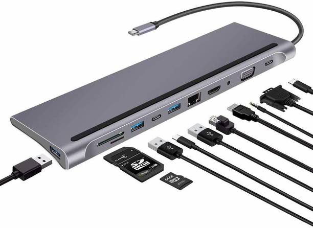 ezcap HDMI 12 ports USB C to HDTV Multifunction Adapter USB Hub (Silver) 12in 1 Type C Hub Multifunction 4K Docking Station RJ45 USB Charging VGA Adapter 12 In 1 Adapter