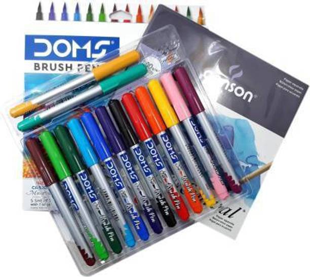 DOMS Super Soft Artist Brush Pens Set Alongwith Canson Montval 5 Sheets (Set of 14, Multicolor) Supersoft Nib Sketch Pen