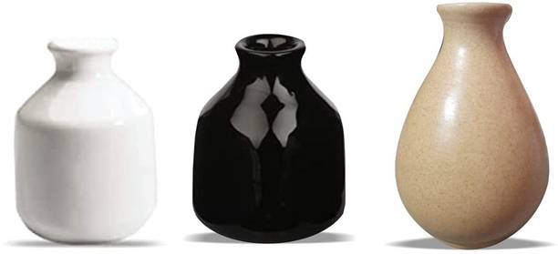 JUVENATE ONE Ceramic Aroma Pot Reed Diffuser Set of 3 with 10 Handmade Reed Sticks (White, Black & Brown) (Capacity - 100ml Each) Decorative Bottle