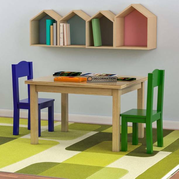 DecorNation Judith Solid Wood Table & Chairs | Kids Furniture, Sturdy Wooden | Blue Green | 2 Seater Engineered Wood 2 Seater Dining Set