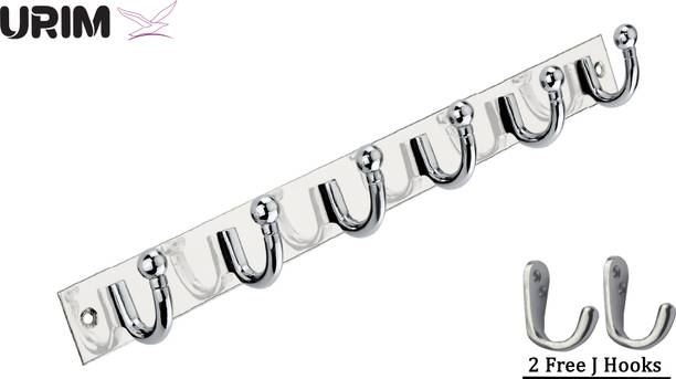 URIM Premium Stainless Steel 6 Pin Cloth Hanger Wall Mounted Bathroom Cloth Hanger,Coth Wall Hook,Door Hooks Rail for Hanging Keys,Clothes,Towel (Pack of 1) SILVER WITH 2 J HOOKS Door Hanger