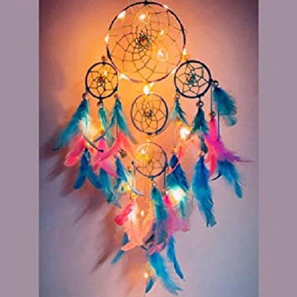 DHRUVTAR STORE Dhruvtar dream Catcher ~ Pastel 4 Tier with Pretty Lights ~ Handmade hangings Used for Wall Hanging, Decor, Balcony, Decor,Car, Wind Chimes, Room Feather, Wool Dream Catcher