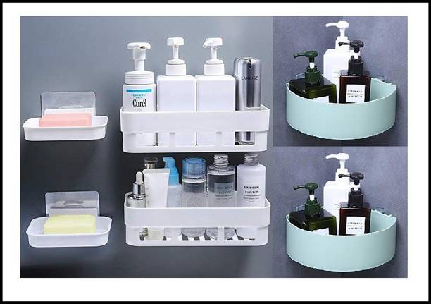 Qrex Pack Of 6 Pcs ABS Plastic Multiperurpose Home Kitchen Accessories Traceless Wall Shelves Decor Items Storage Kitchen Bathroom Triangle Corner Soap Holder Shelf Rack Kitchen Cabinet with Strong Adhesive Magic Sticker (MultiColour) Plastic Kitchen Cabinet
