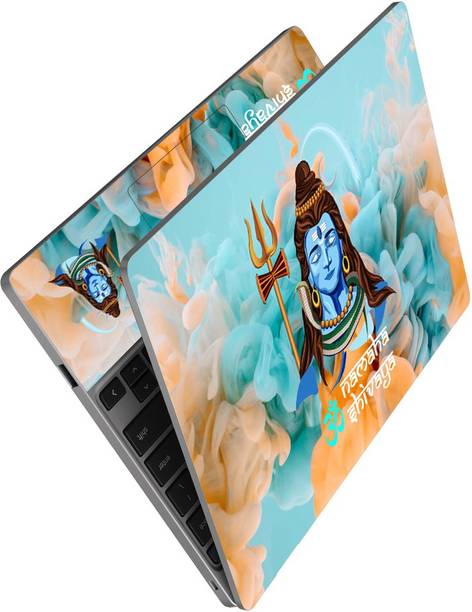 dzazner Premium Vinyl HD Printed Easy to Install Full Panel Laptop Skin/Sticker/Stretchable Vinyl/Cover for all Size Laptops upto 15.6 inch No Residue, Bubble Free - Om Namah Shivay Multi Color on Blue Smoke Self Adhesive Vinyl Laptop Decal 15.6