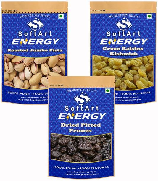 Soft Art Dry fruits combo of Jumbo Pista,Green Kishmish,Prunes (250g Each) Pistachios, Raisins, Prunes