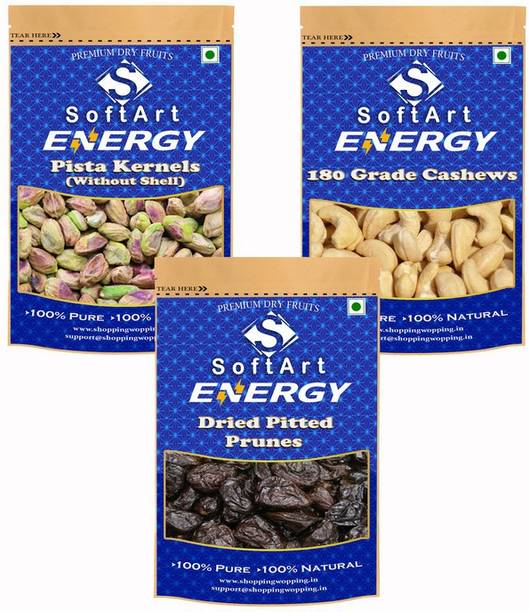 Soft Art Dry fruits combo of Pista Kernels,180 Kaju,Prunes (100g Each) Pistachios, Cashews, Prunes
